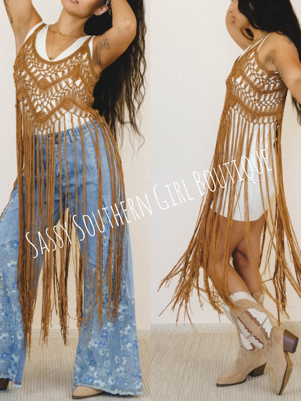 ⭐🆕Boutique Camel Fringe Crochet Tank